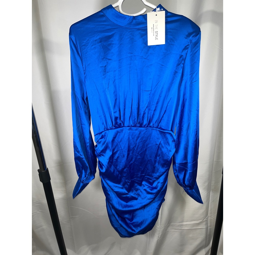 In The Style Satin Ruched Mini Dress Royal Blue Long Sleeve Cocktail Party 10